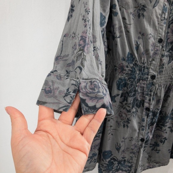 Natural Reflections Womens Floral Collared Shirt Size L Gray 100% Cotton - Picture 4 of 14